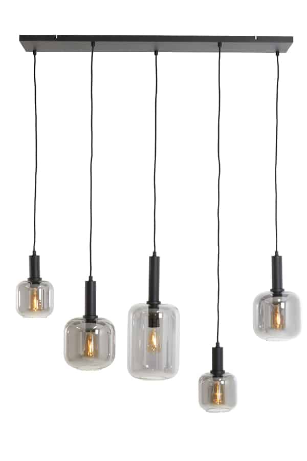 Hanglamp 5L 110x22x32 cm Lekar zwart+smoke glas