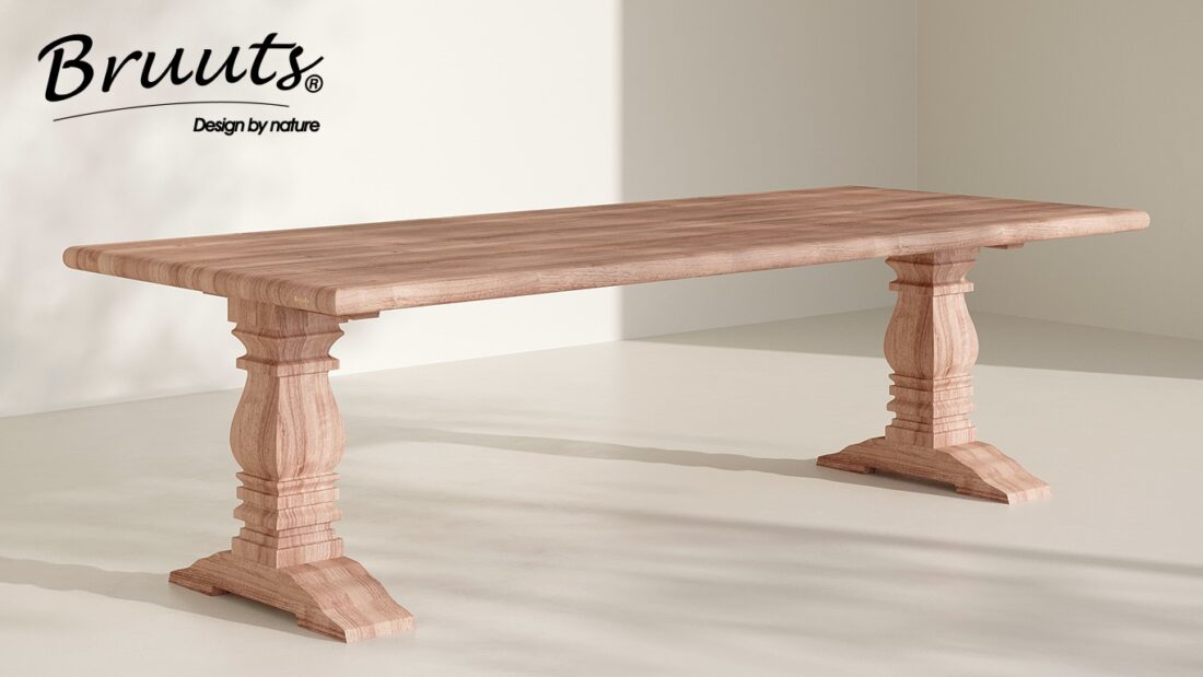 Bruuts eettafel rechthoek afgeronde rand kloosterpoot hout kleur matt lacquer