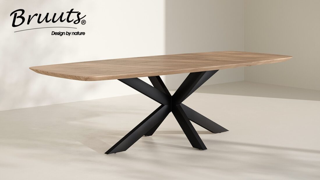 Bruuts eettafel deens ovaal verjongde rand spinpoot metaal recht kleur silky maple