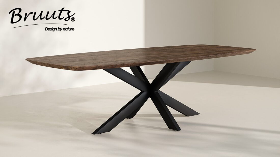 Bruuts eettafel deens ovaal verjongde rand spinpoot metaal recht kleur walnut