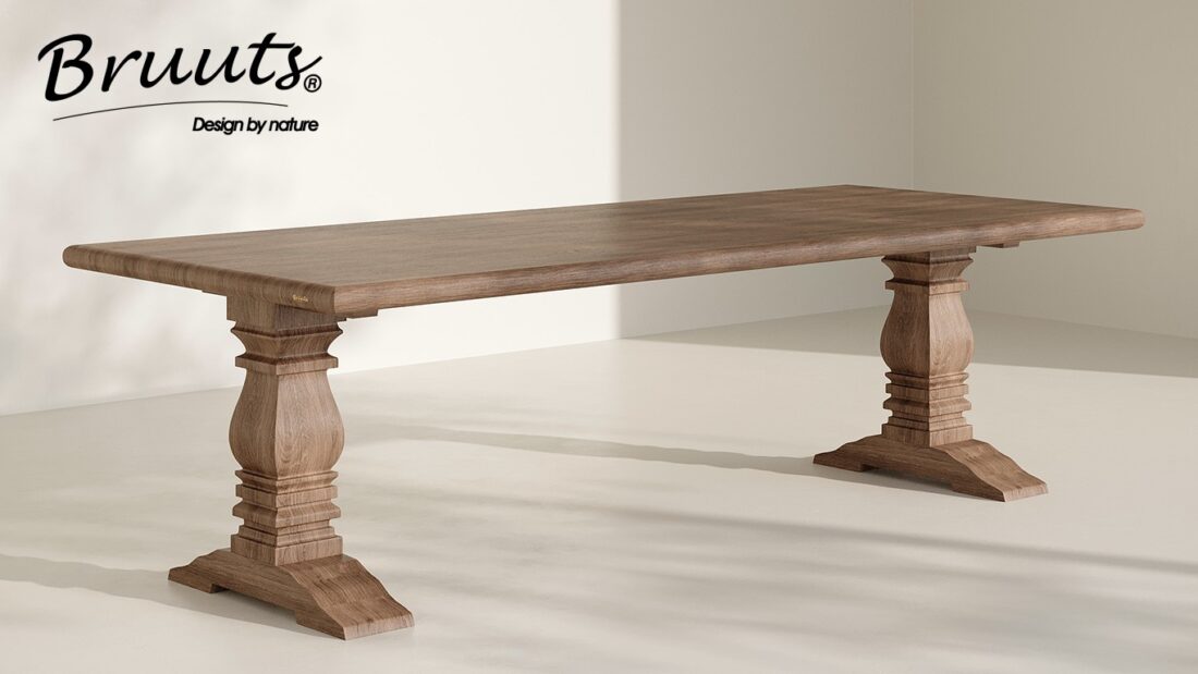 Bruuts eettafel rechthoek afgeronde rand kloosterpoot hout kleur elmwood