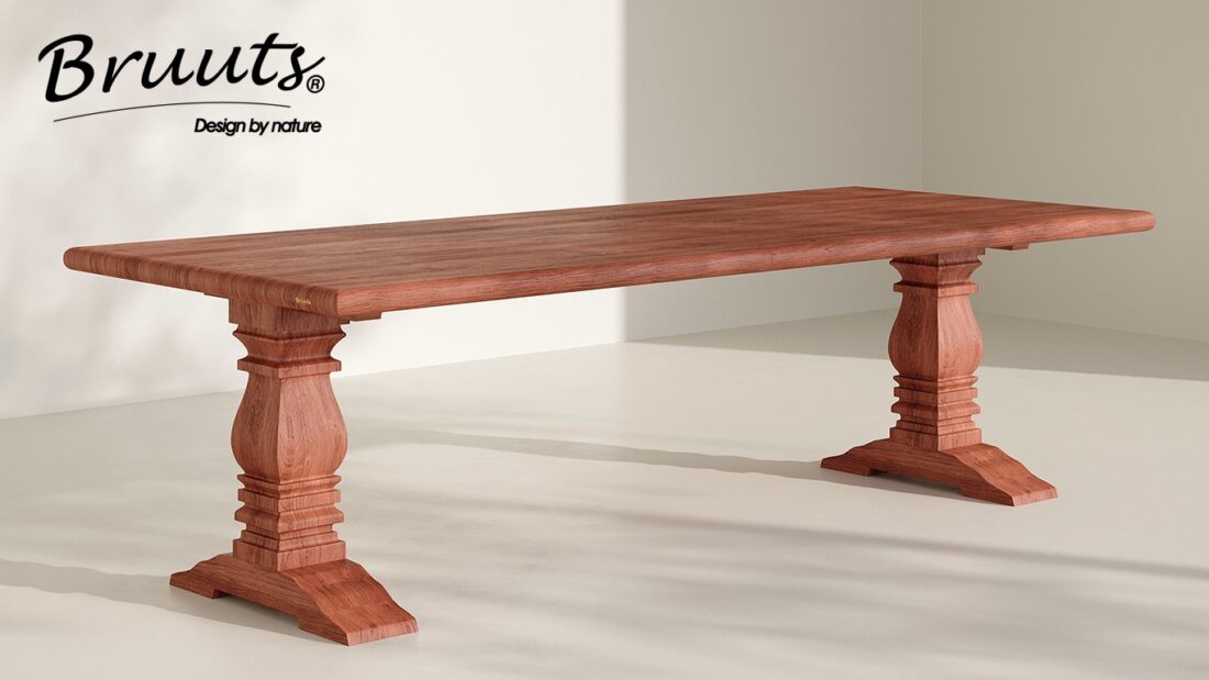 Bruuts eettafel rechthoek afgeronde rand kloosterpoot hout kleur jacaranda