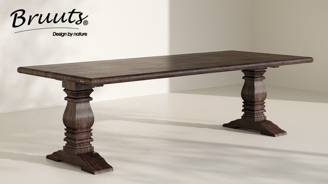 Bruuts eettafel rechthoek afgeronde rand kloosterpoot hout kleur lava