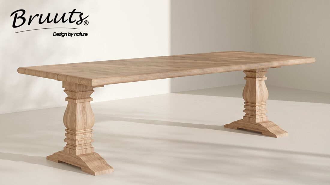 Bruuts eettafel rechthoek afgeronde rand kloosterpoot hout kleur silky maple