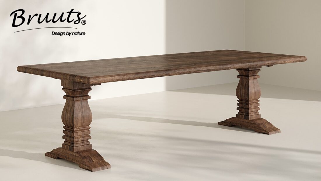 Bruuts eettafel rechthoek afgeronde rand kloosterpoot hout kleur walnut