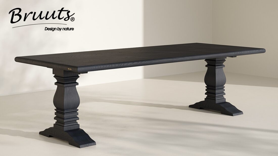 Bruuts eettafel rechthoek afgeronde rand kloosterpoot hout kleur zwart