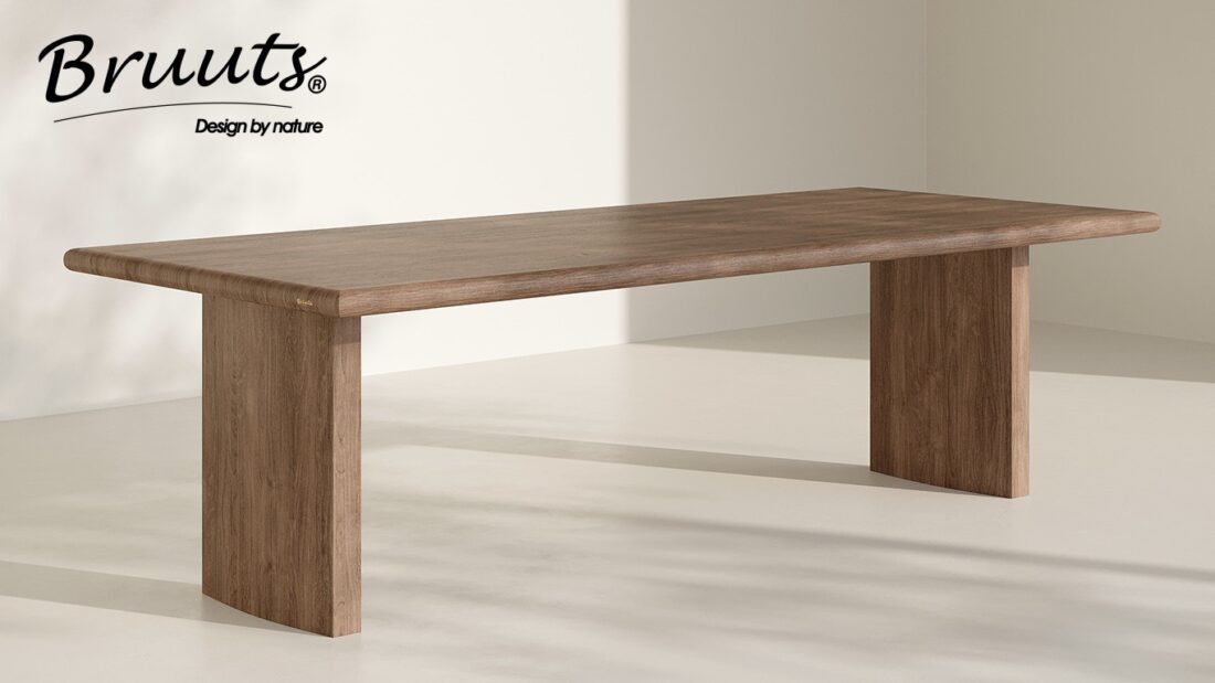Bruuts eettafel rechthoek afgeronde rand kolompoot hout recht kleur elmwood