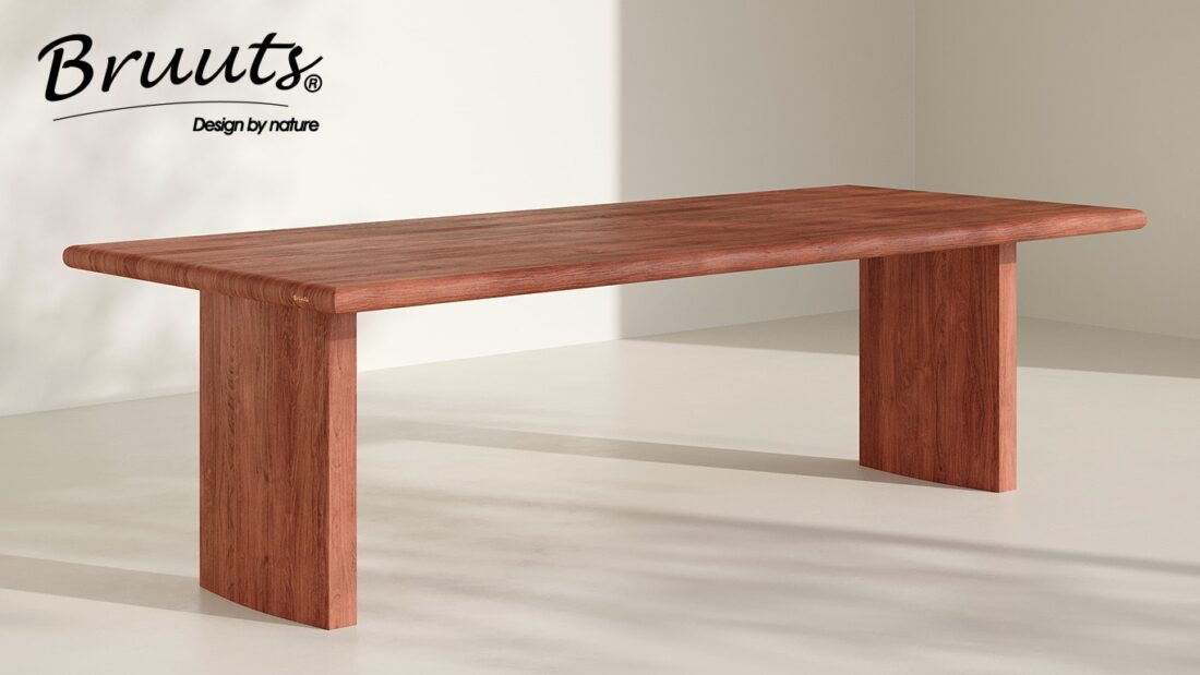 Bruuts eettafel rechthoek afgeronde rand kolompoot hout recht kleur jacaranda