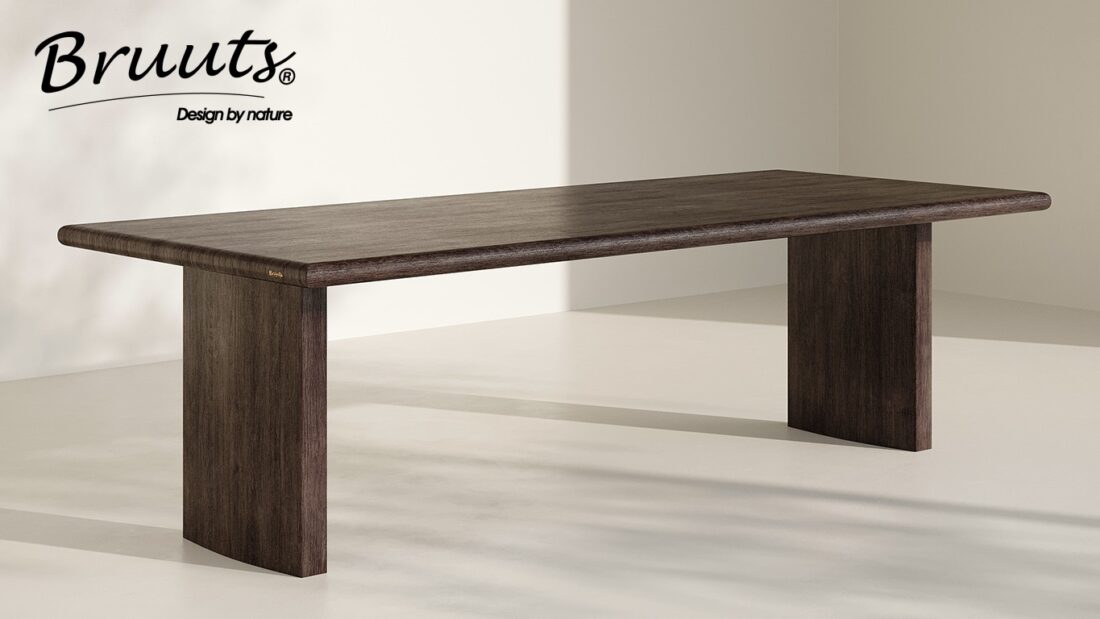 Bruuts eettafel rechthoek afgeronde rand kolompoot hout recht kleur lava