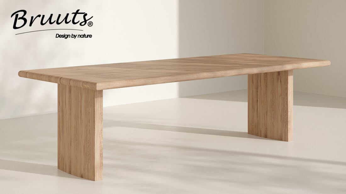 Bruuts eettafel rechthoek afgeronde rand kolompoot hout recht kleur silky maple