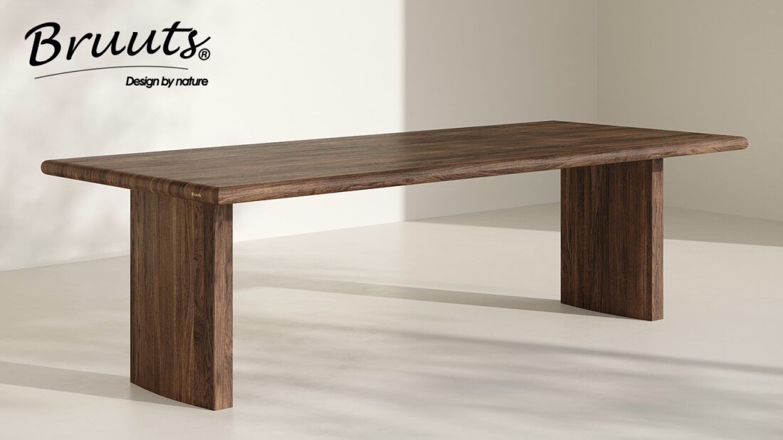 Bruuts eettafel rechthoek afgeronde rand kolompoot hout recht kleur walnut
