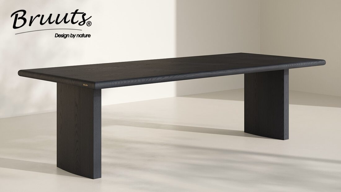 Bruuts eettafel rechthoek afgeronde rand kolompoot hout recht kleur zwart