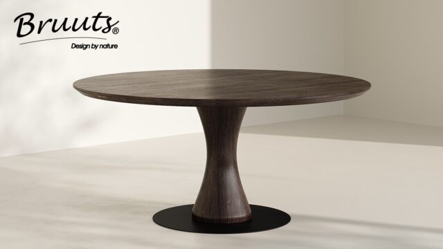 Bruuts eettafel rond verjongde rand kolompoot hout vaas kleur lava